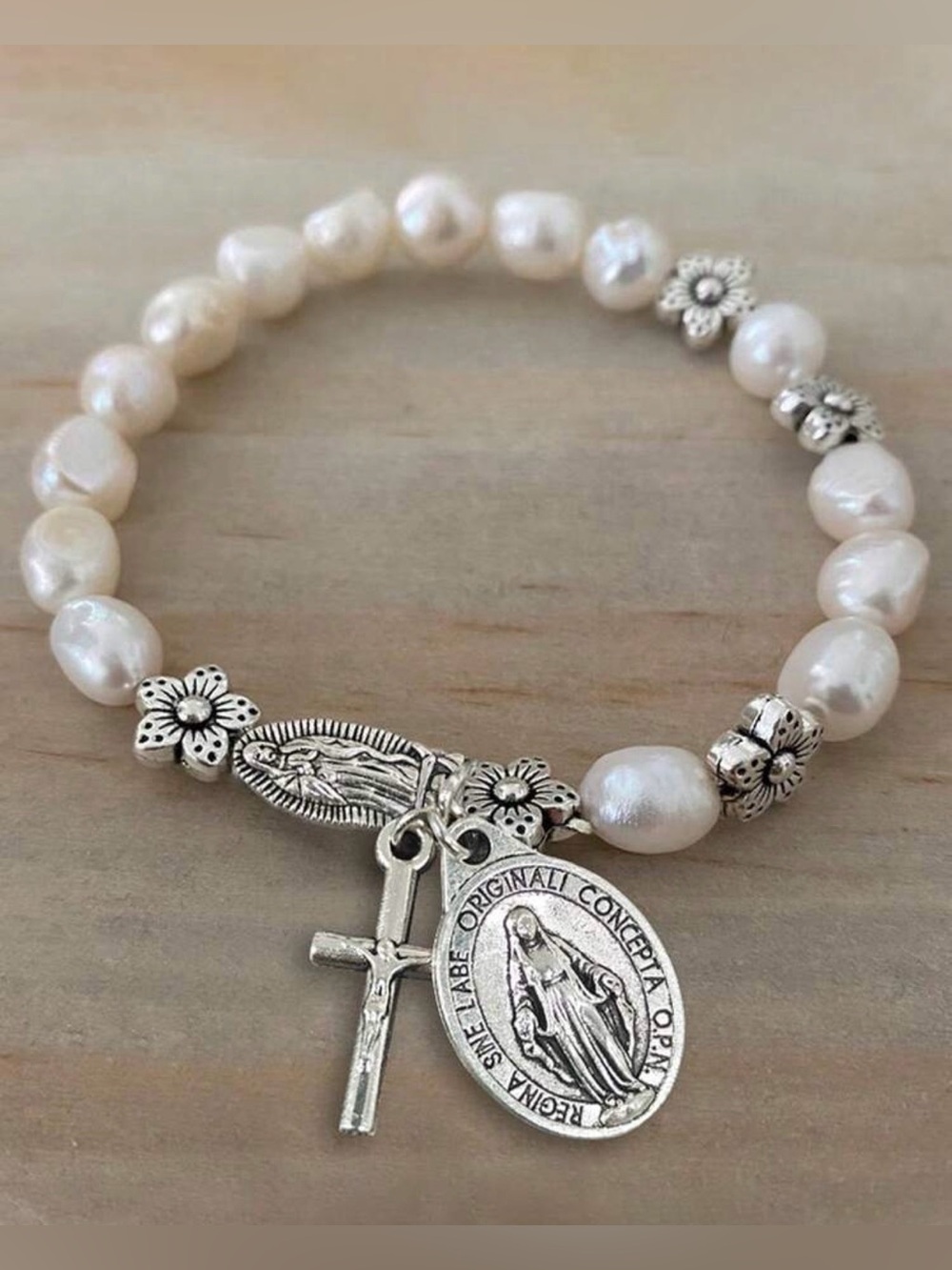 Faux Pearl with Cross and Virgin Mary Charm Bracelet - White